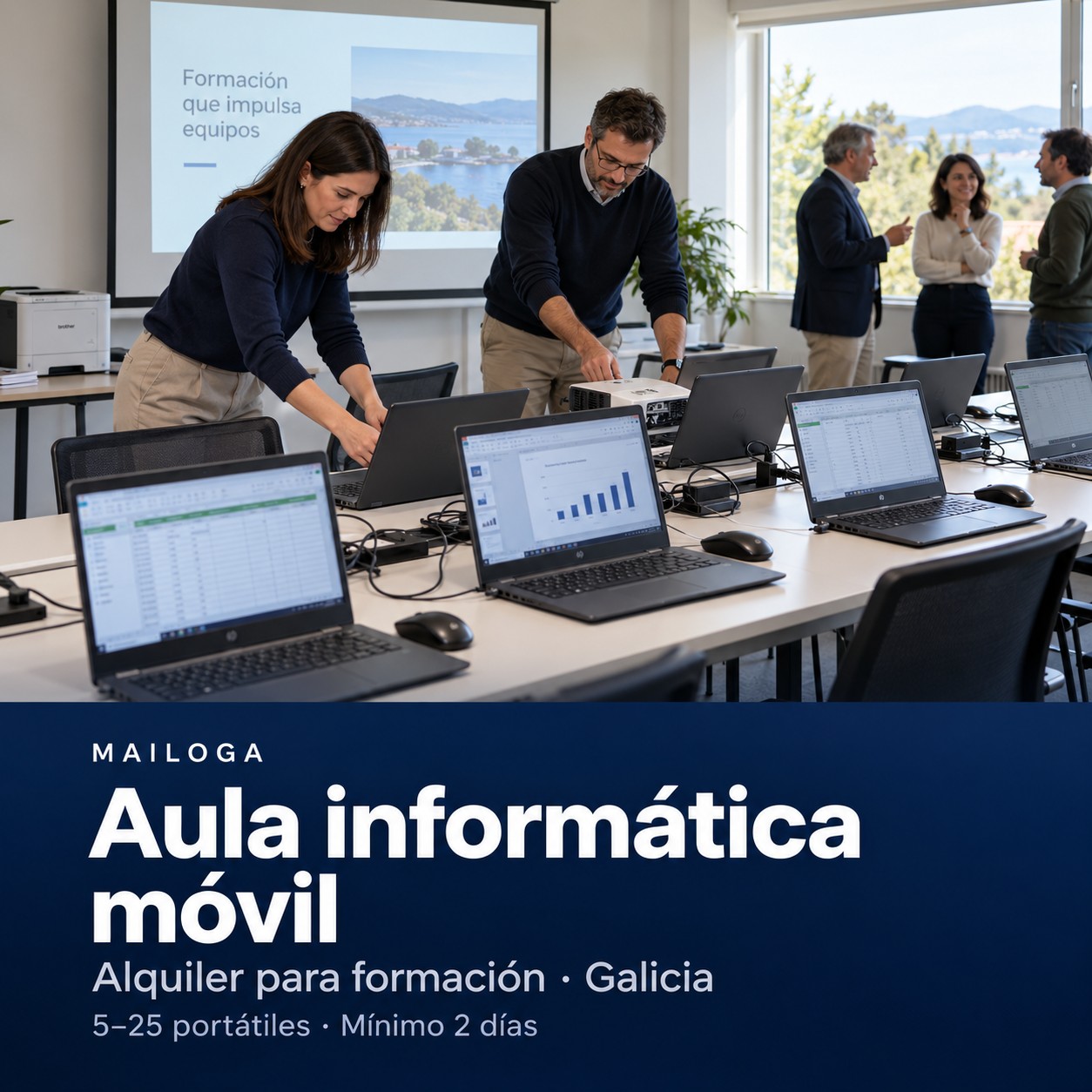 Escena ilustrativa de técnicos preparando un aula móvil con portátiles, proyector e impresora