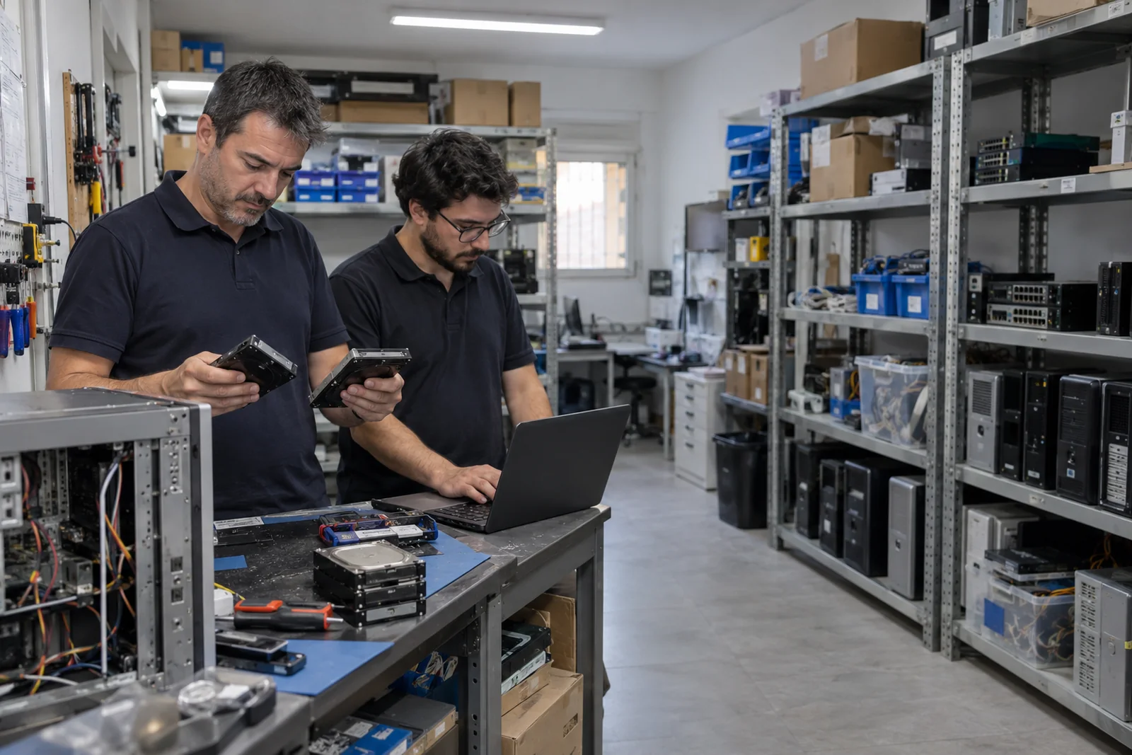 Escena generada con IA de profesionales revisando repuestos y equipamiento informático
