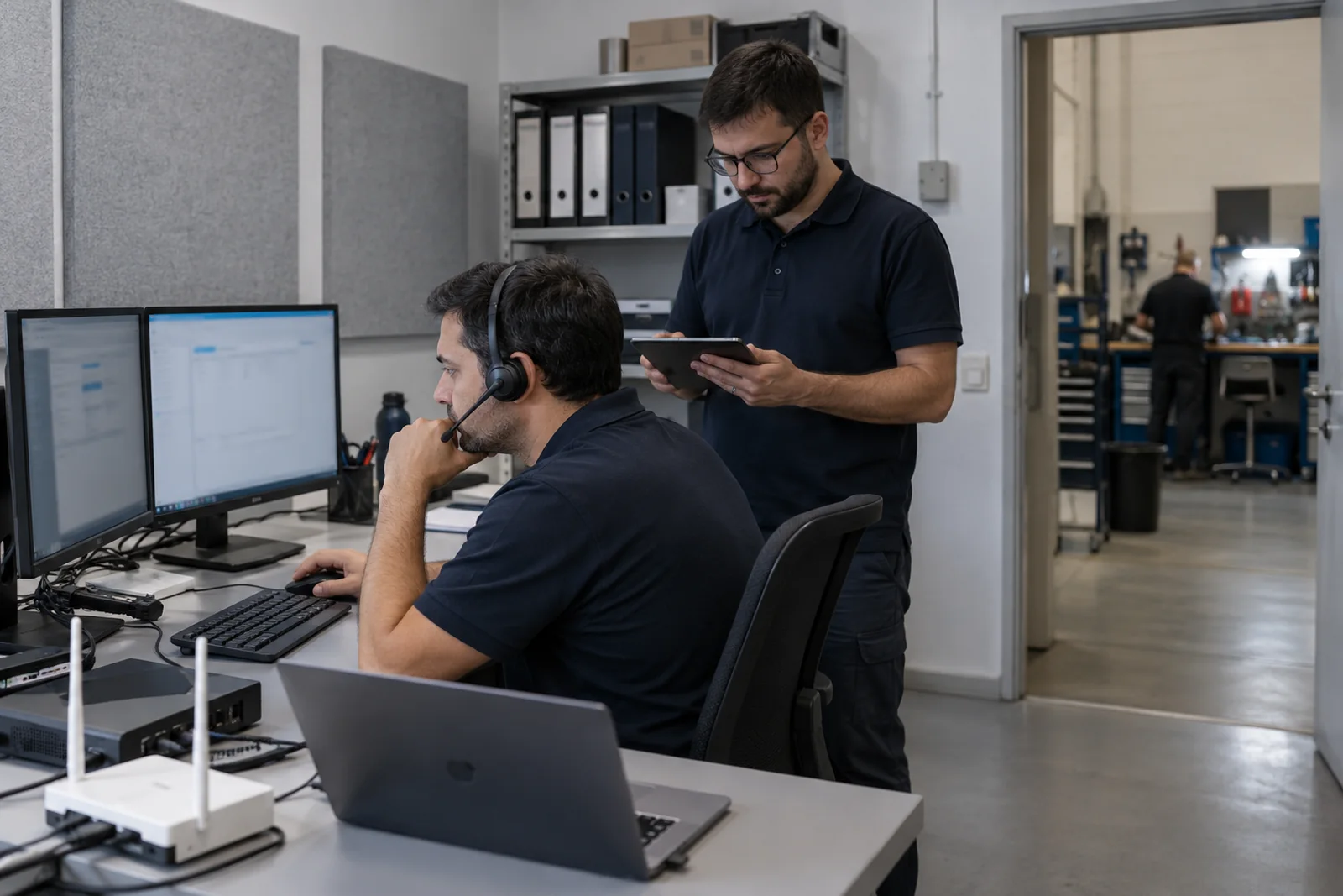 Escena generada con IA de especialistas realizando asistencia técnica remota